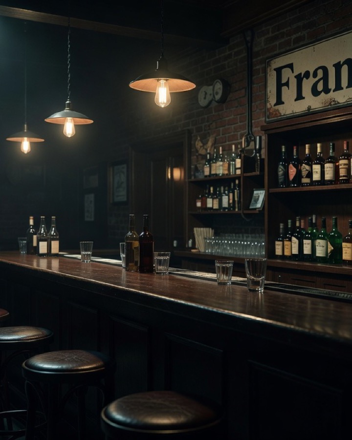 Frank's bar: detalle de la barra y la ambientación nocturna
